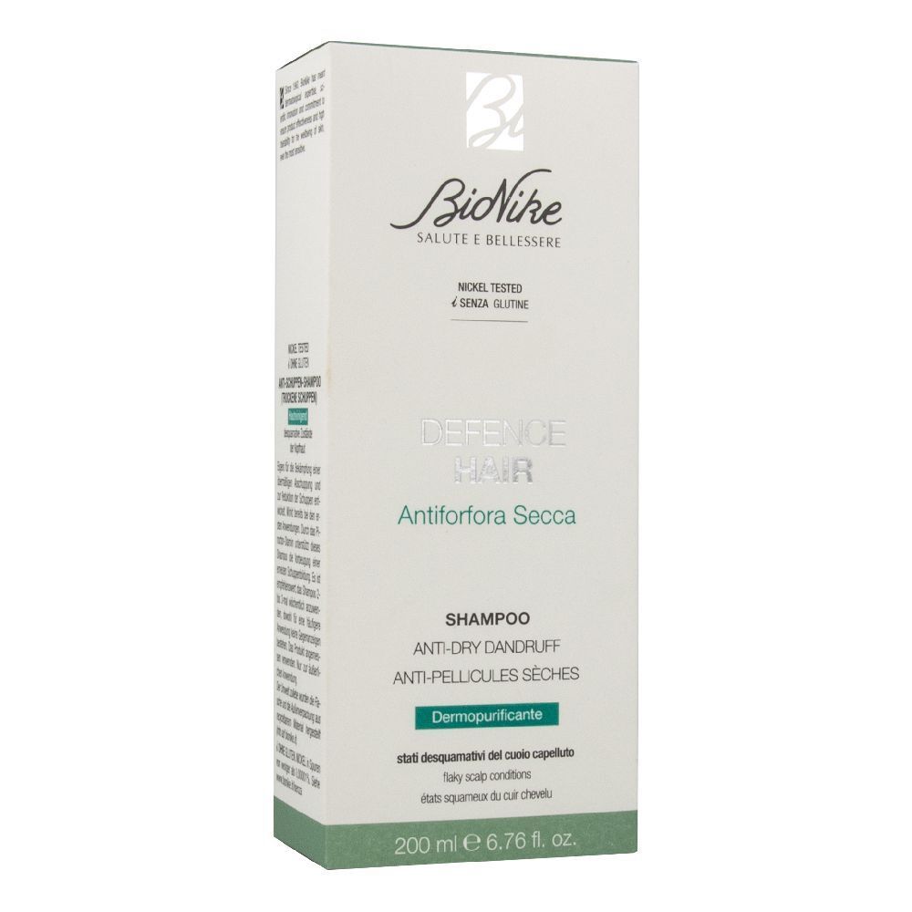 Scatola bianca con informazioni prodotto. Marca Bionike, nome Defence Hair, Antiforfora Secca. 200 ml.
