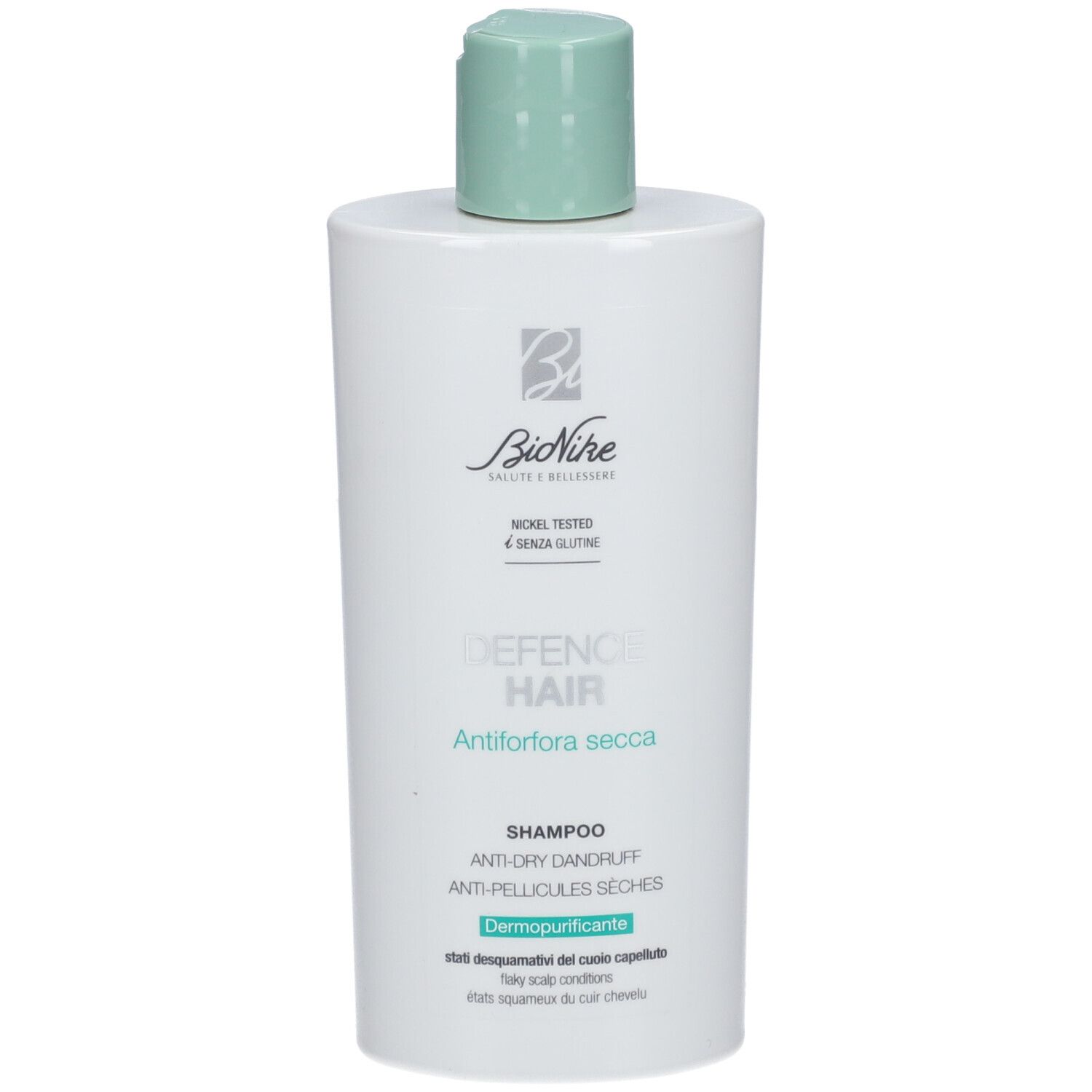 Flacone bianco con tappo verde. Marca Bionike, nome Defence Hair, Antiforfora Secca. Shampoo.