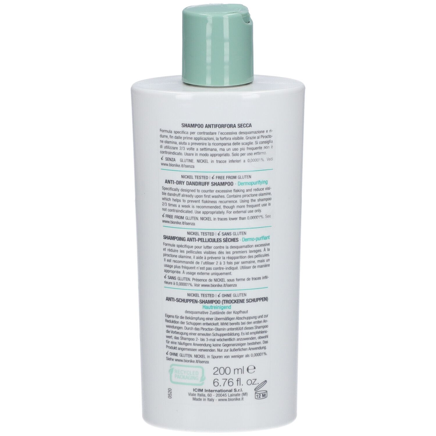 Retro del flacone bianco. Informazioni prodotto, ingredienti, marchio Bionike. 200 ml.