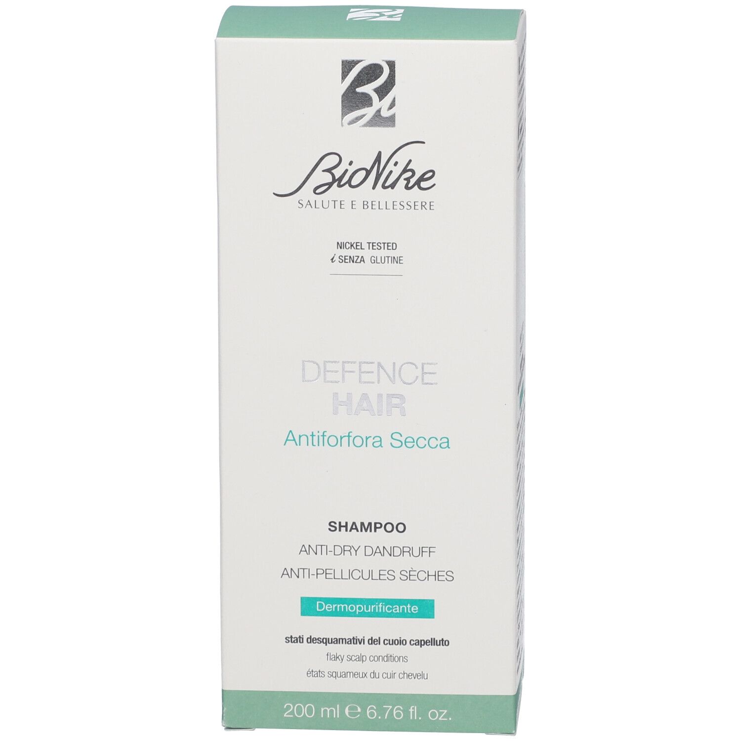 Scatola bianca con informazioni prodotto. Marca Bionike, nome Defence Hair, Antiforfora Secca. 200 ml.