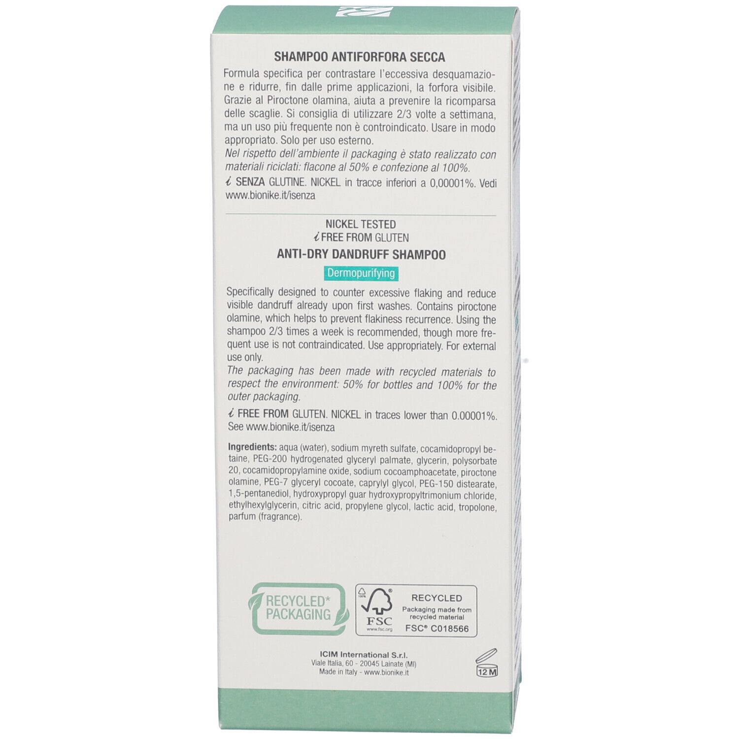 Retro della scatola. Informazioni prodotto, ingredienti, marchio Bionike, logo riciclo.
