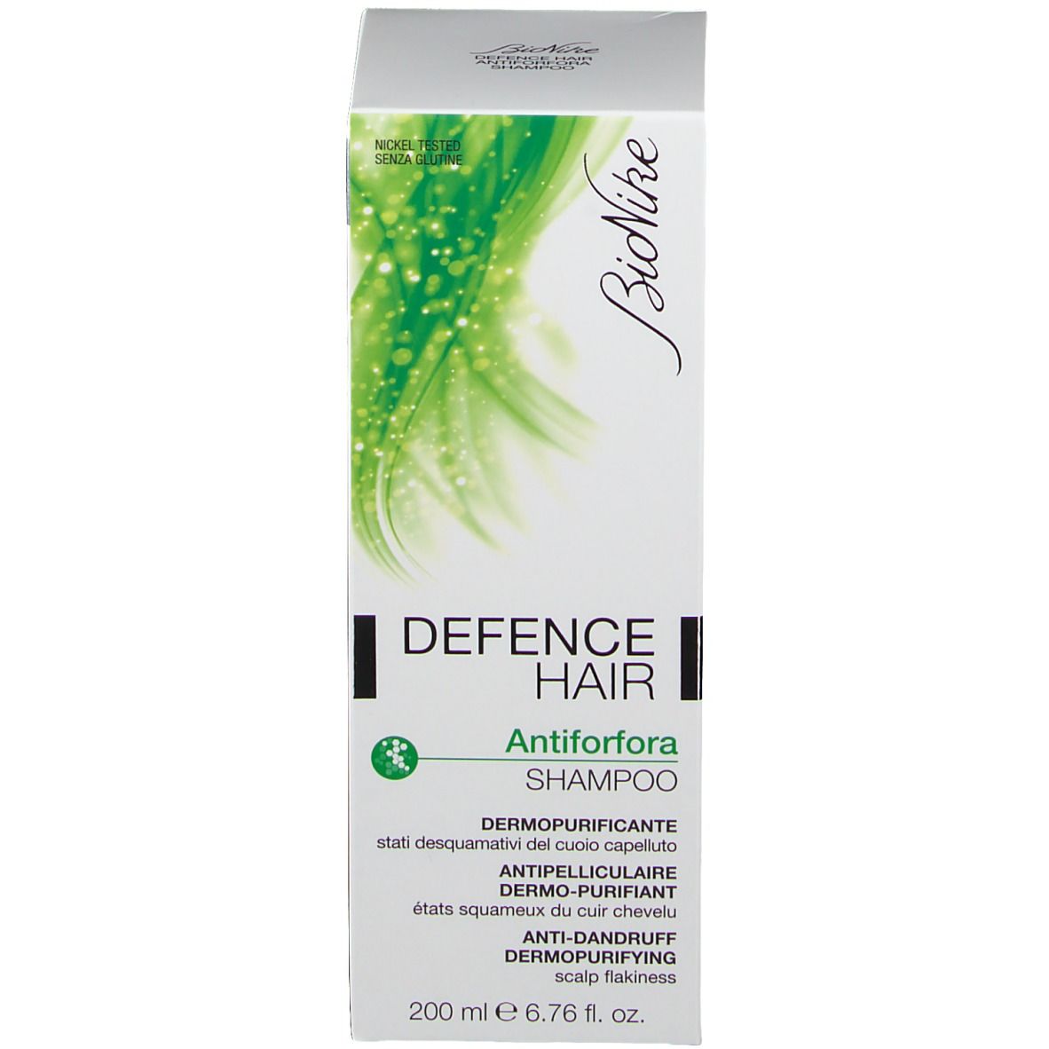 Scatola bianca con informazioni prodotto. Marca Bionike, nome Defence Hair, Shampoo Antiforfora. 200 ml.