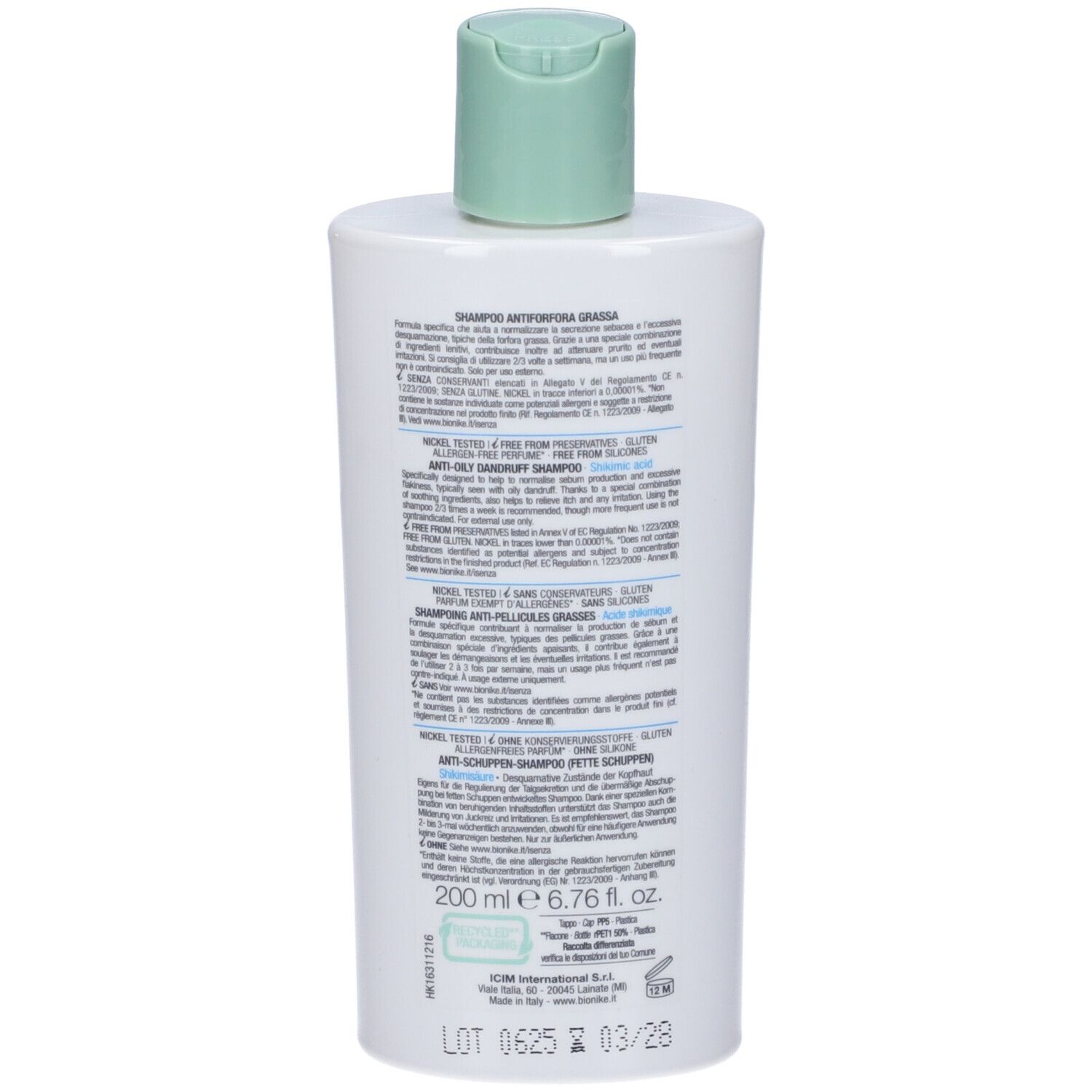 Weiße Flasche mit grünem Verschluss, 200 ml Anti-Schuppen-Shampoo.