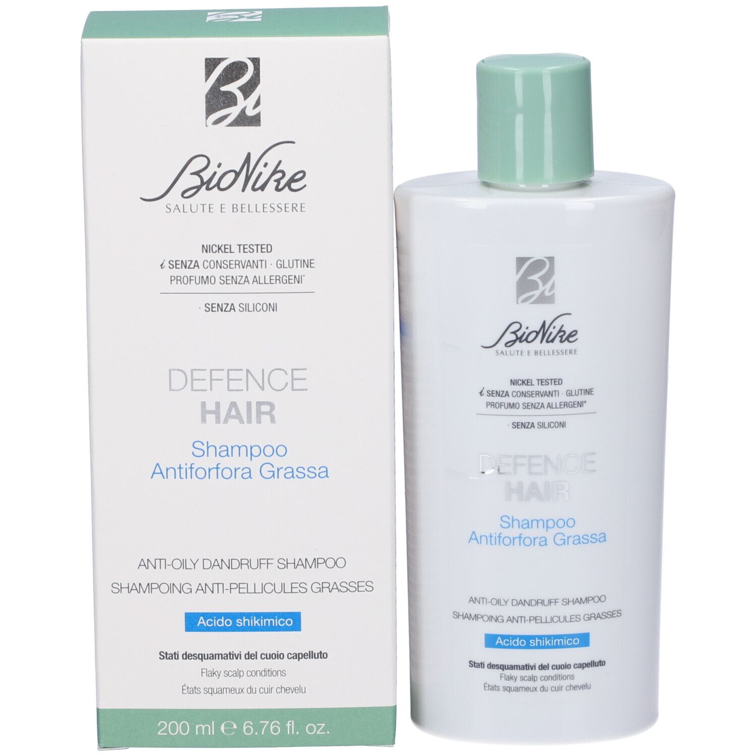 Bionike Defence Hair Shampoo gegen fettige Schuppen, 200 ml. Kartonverpackung und Flasche.