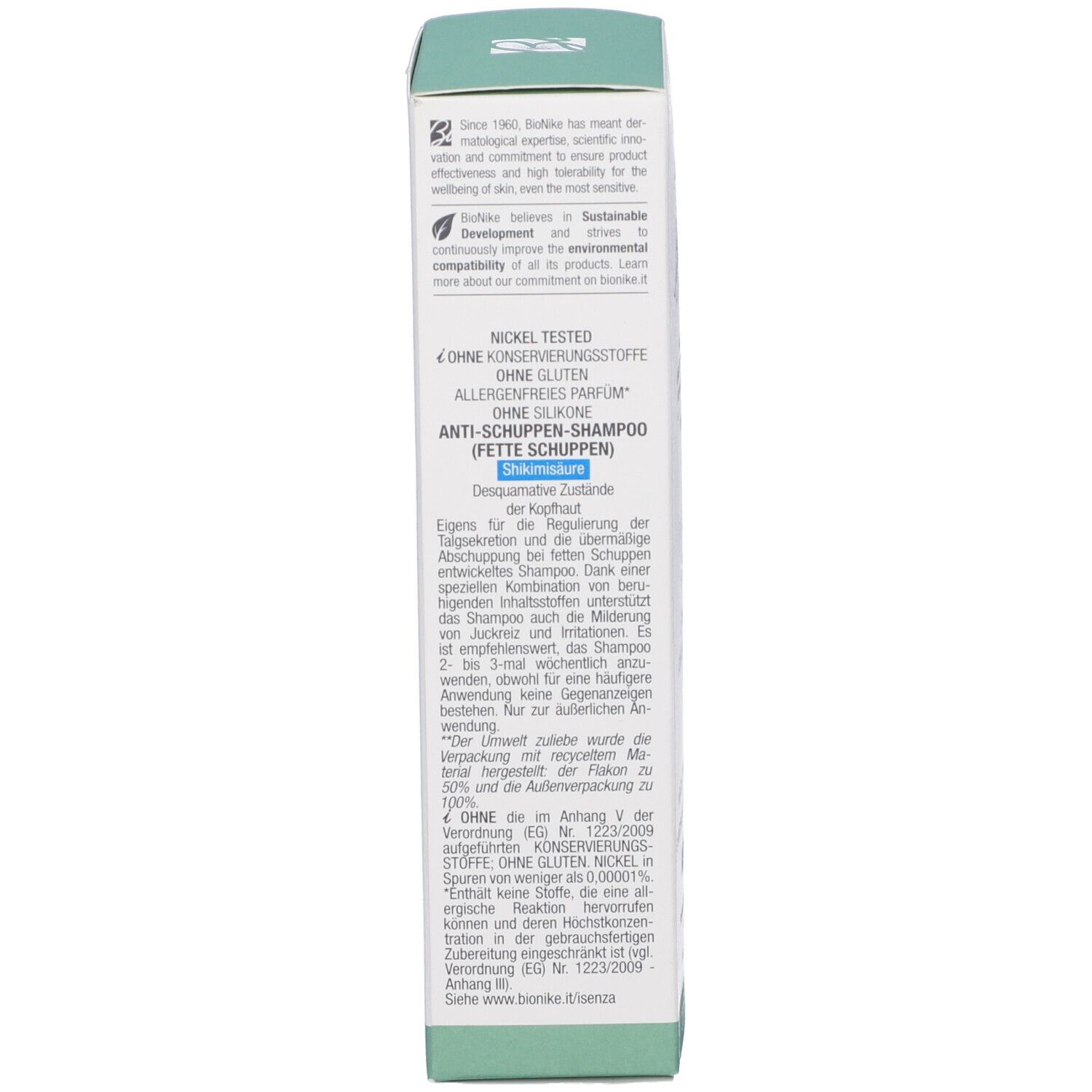 Bionike Anti-Schuppen-Shampoo (Fette Schuppen) Verpackung mit Produktinformationen.