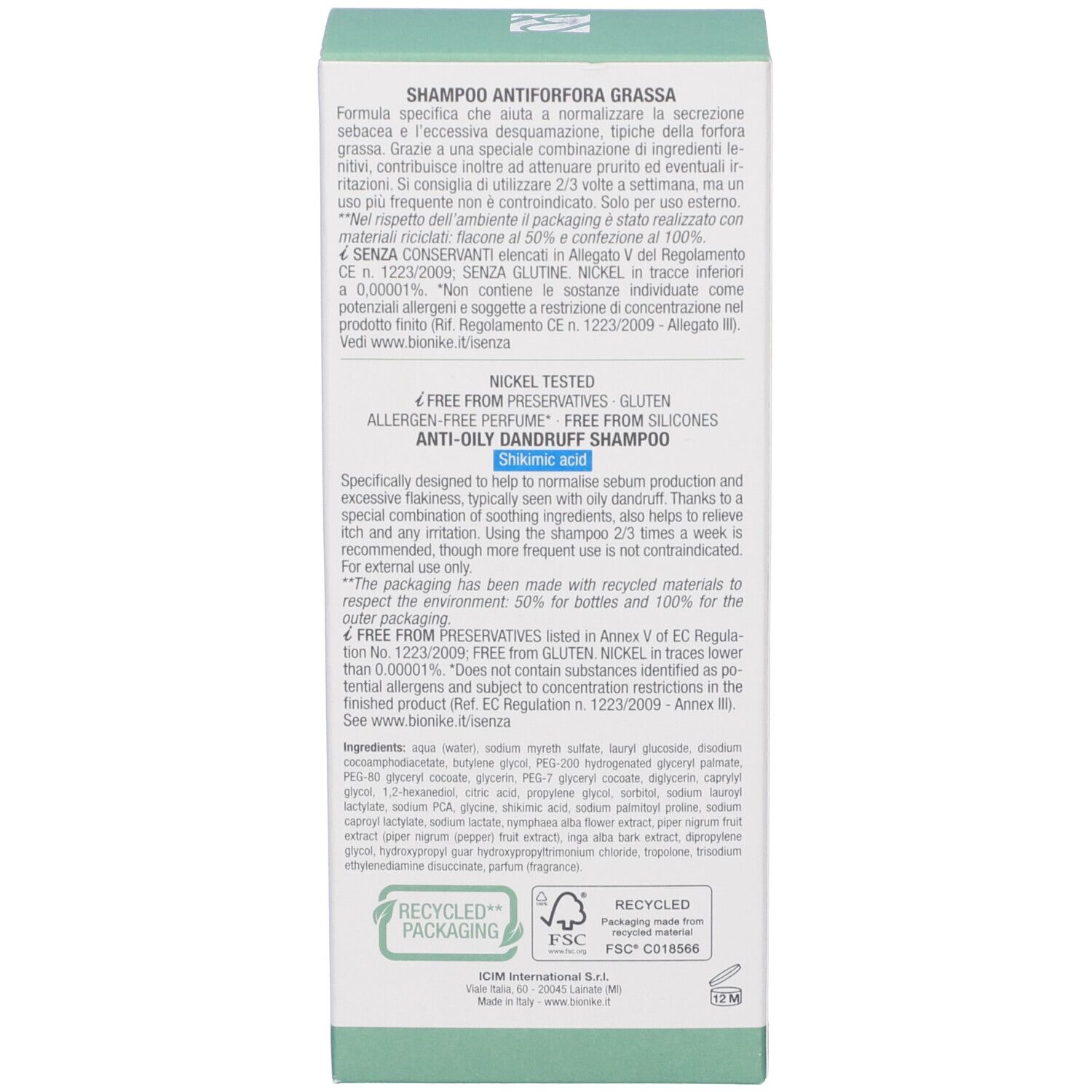 Rückseite einer Shampoo-Verpackung für fettiges Haar mit Anti-Schuppen-Formel.