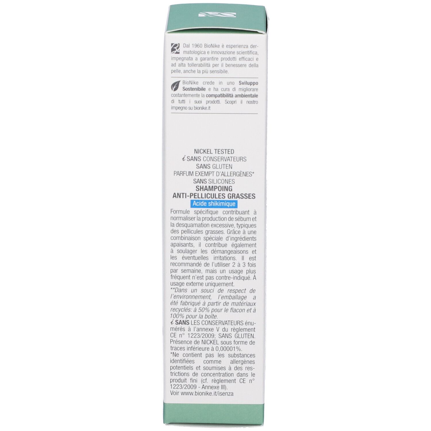 Verpackung eines Anti-Schuppen-Shampoos mit Salicylsäure, nickelgetestet, ohne Konservierungsstoffe und Gluten.