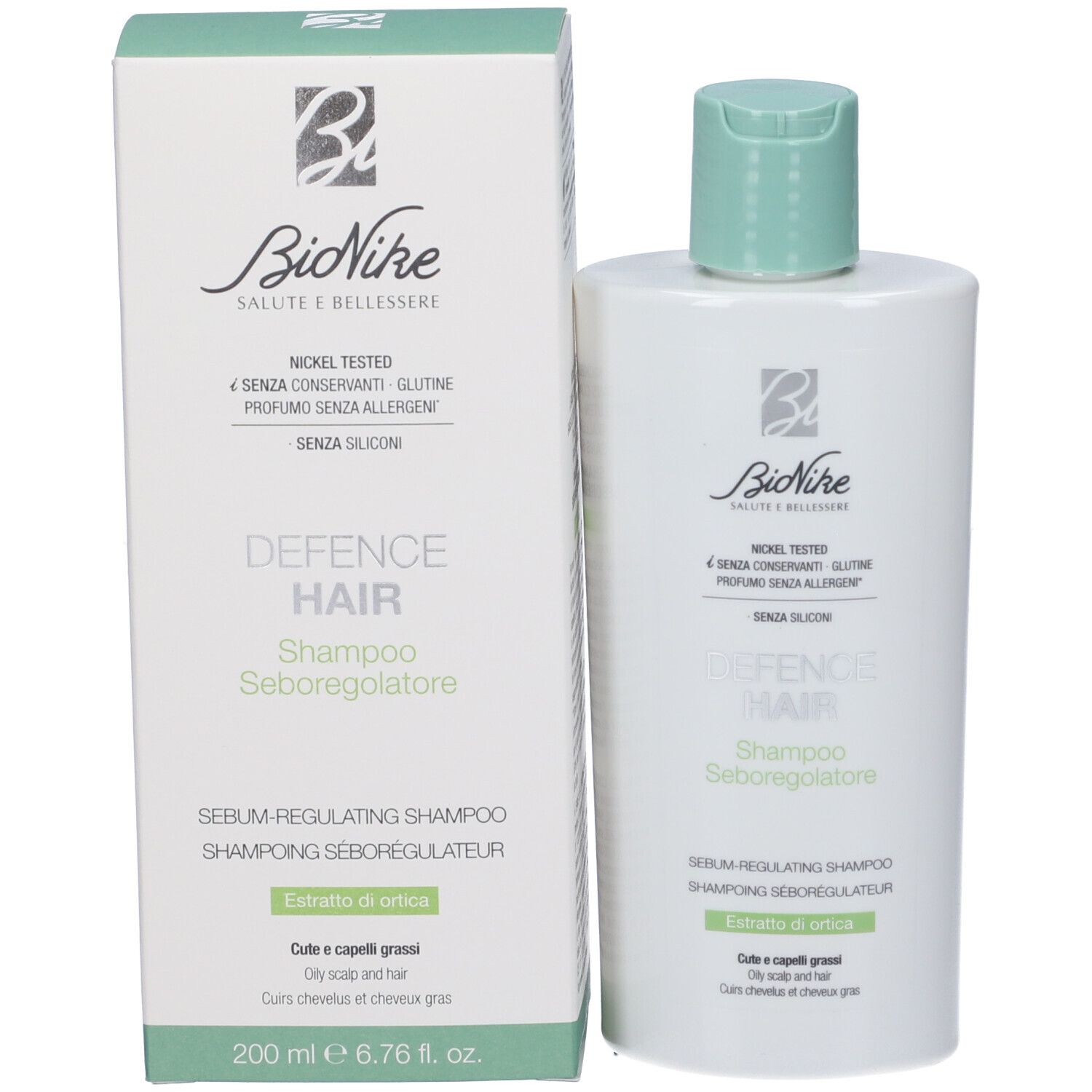 BioNike Defence Hair Shampoo Seboregolatore, 200 ml. Weißer Flakon mit hellgrünem Verschluss und Kartonverpackung.