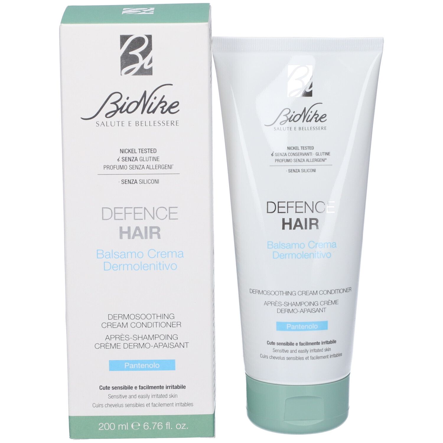 BioNike Defence Hair Balsamo Crema Dermolenitivo, 200 ml. Nickel tested, gluten-free, fragrance-free, silicone-free.