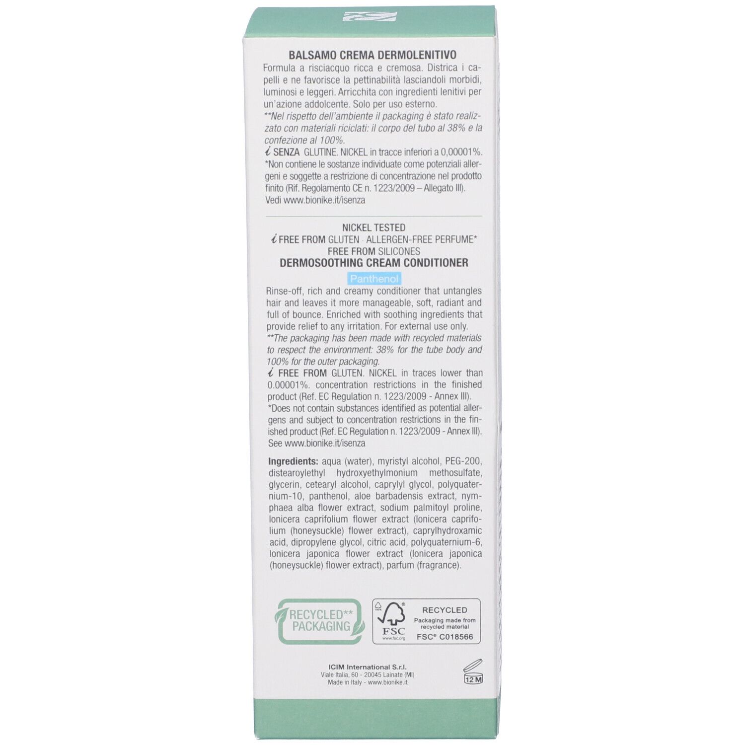 Dermosoothing Cream Conditioner Verpackung mit Produktinformationen und Zertifizierungen.