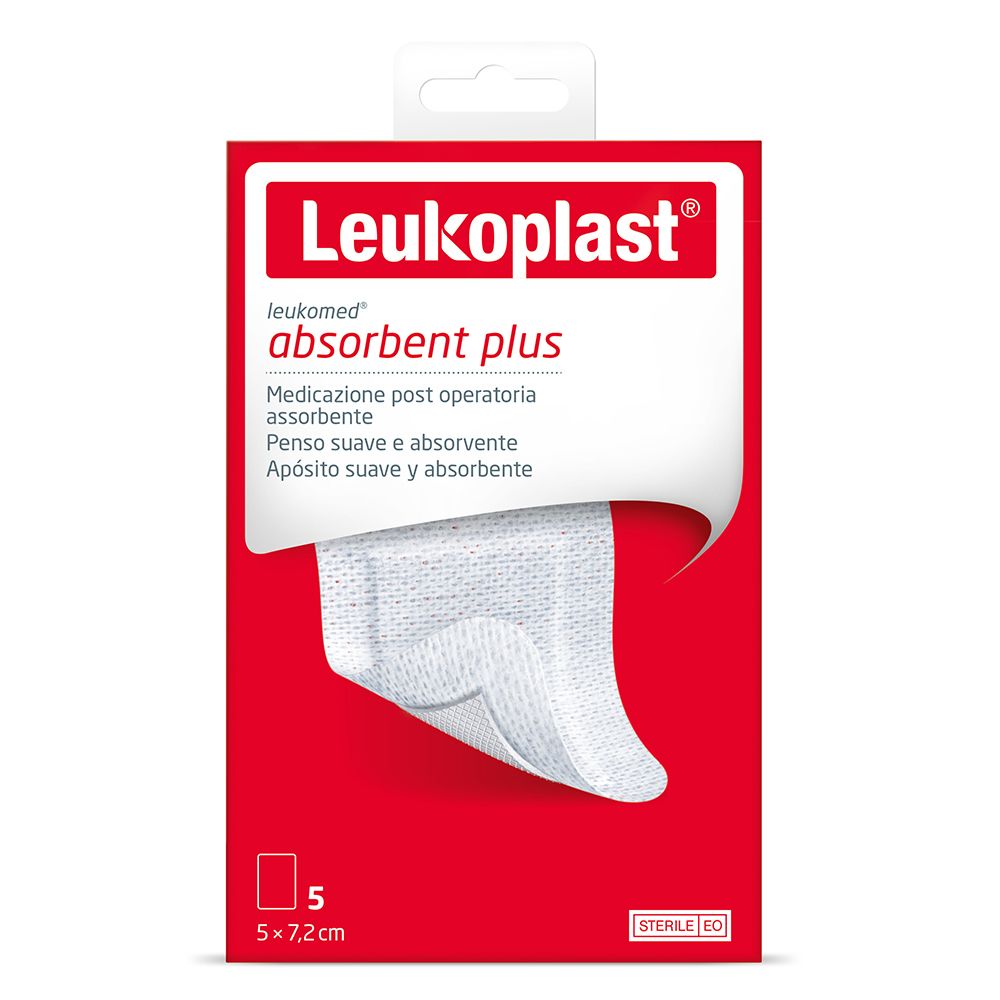 Verpackung von Leukoplast Leukomed, sterile post-operative Wundauflage. Rote Schachtel mit Produkt und Text. 5 Stück.