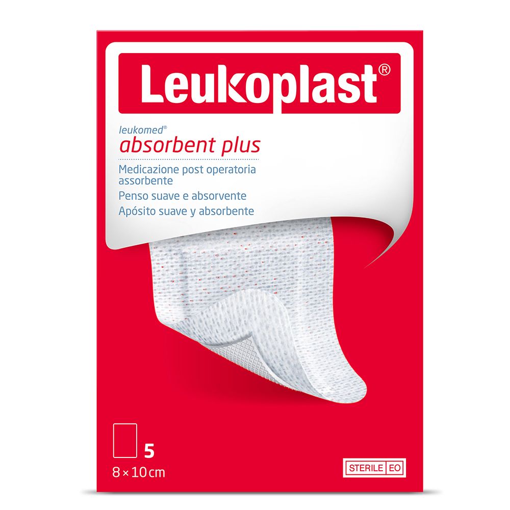 Rote Verpackung mit Leukoplast-Logo und Produktbezeichnung. Enthält 5 sterile Wundauflagen, 8x10cm.