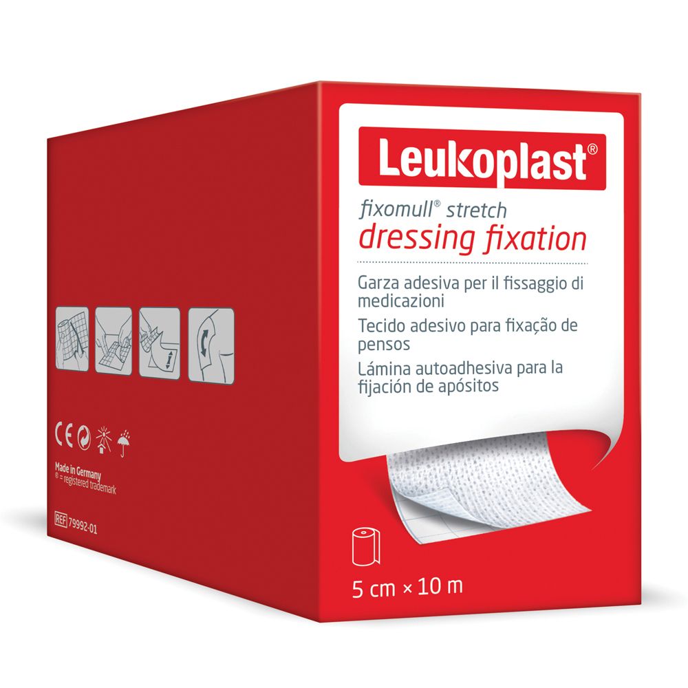 Confezione rossa con logo Leukoplast e nome del prodotto. Rotolo Fixomull Stretch, 5 cm x 10 m. Dispositivo medico.