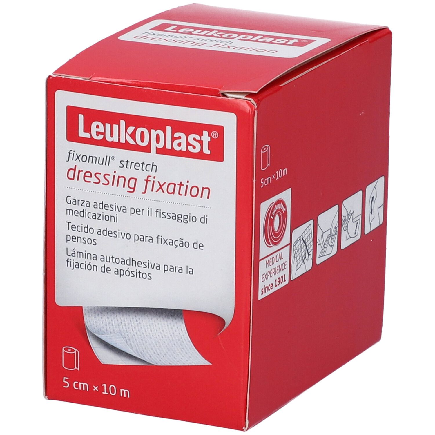 Confezione rossa con logo Leukoplast e nome del prodotto. Rotolo Fixomull Stretch, 5 cm x 10 m. Dispositivo medico.