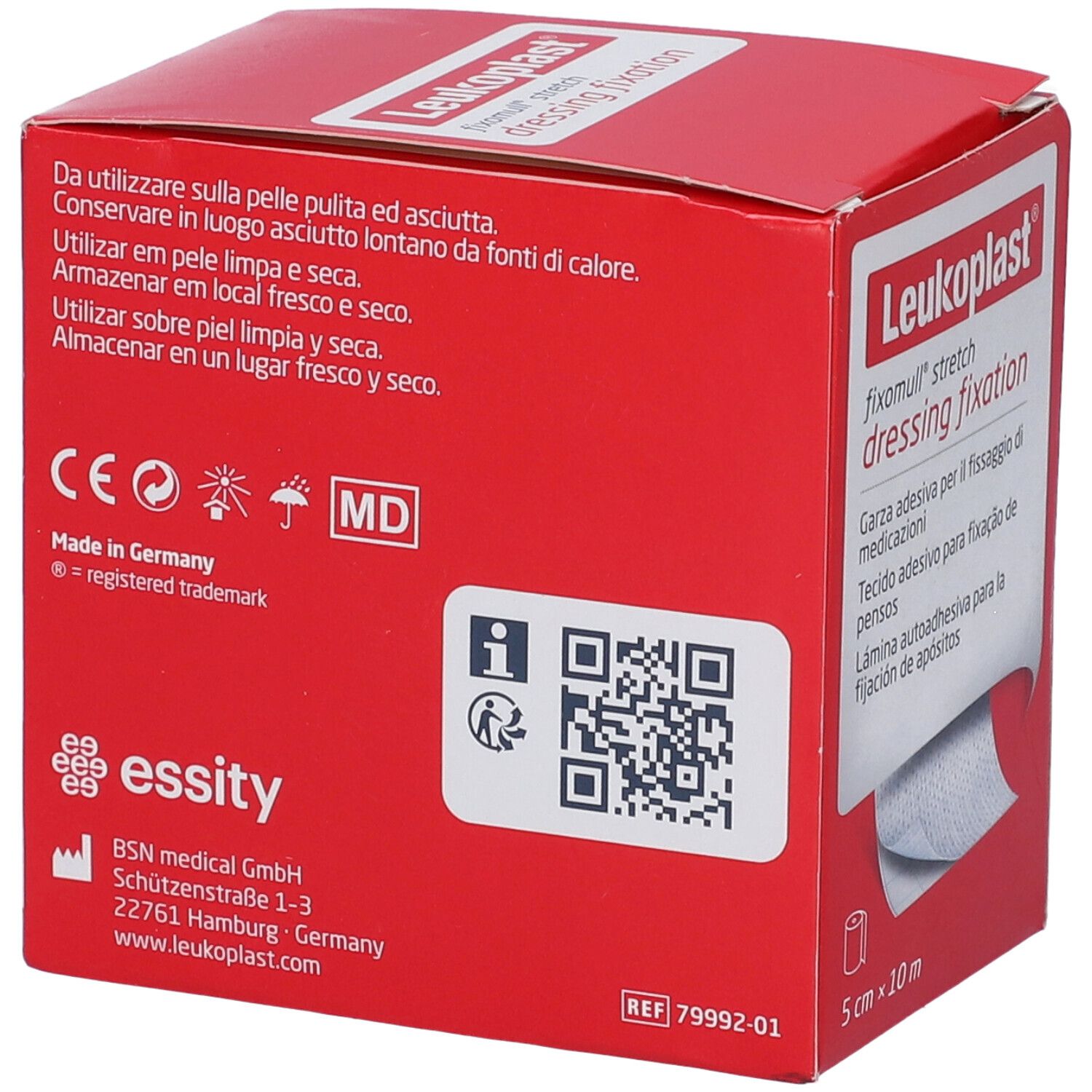 Confezione rossa con logo Leukoplast e nome del prodotto. Rotolo Fixomull Stretch, 5 cm x 10 m. Dispositivo medico.
