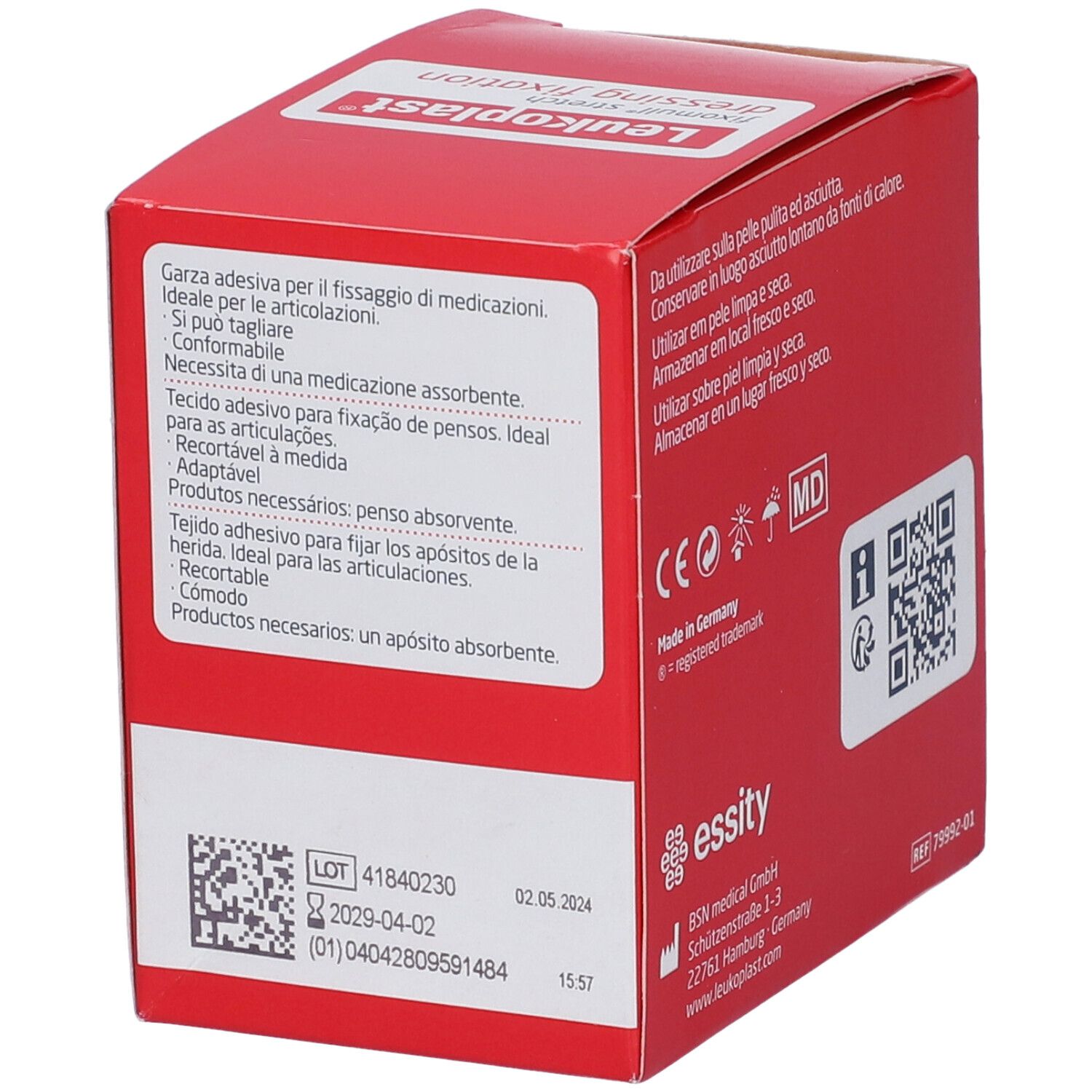 Confezione rossa con logo Leukoplast e nome del prodotto. Rotolo Fixomull Stretch, 5 cm x 10 m. Dispositivo medico.