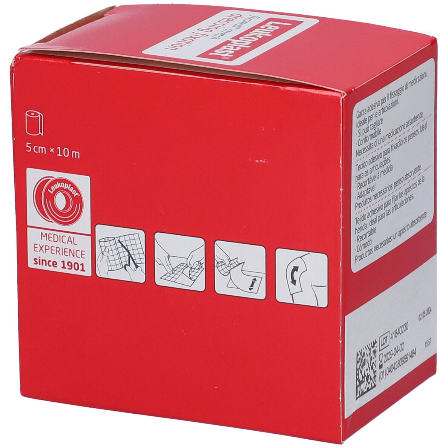 Confezione rossa con logo Leukoplast e nome del prodotto. Rotolo Fixomull Stretch, 5 cm x 10 m. Dispositivo medico.