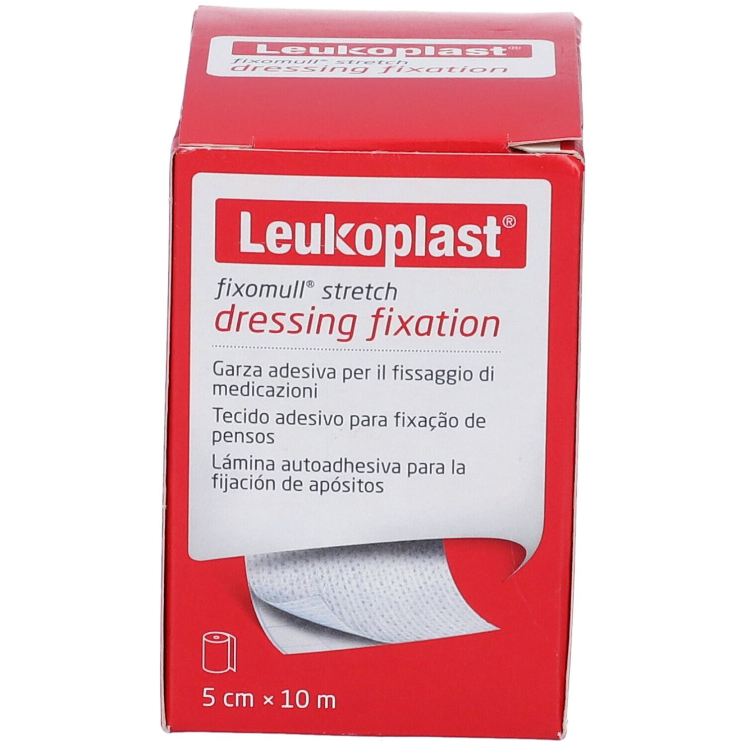 Confezione rossa con logo Leukoplast e nome del prodotto. Rotolo Fixomull Stretch, 5 cm x 10 m. Dispositivo medico.
