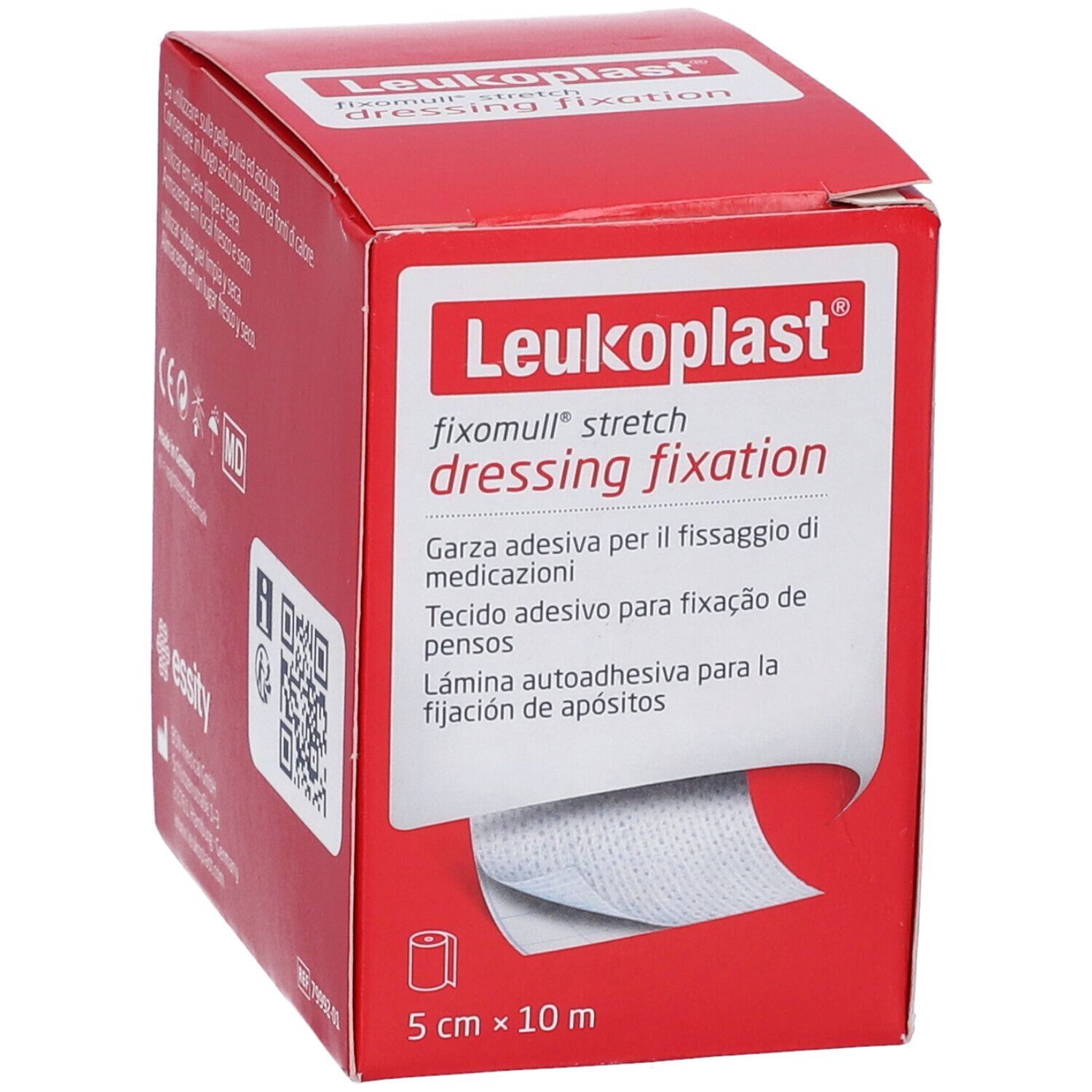 Confezione rossa con logo Leukoplast e nome del prodotto. Rotolo Fixomull Stretch, 5 cm x 10 m. Dispositivo medico.