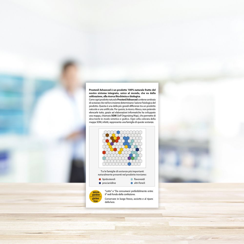 Produktverpackung. Text: Prostenil Advanced, Aboca. Diagramm mit farbigen Feldern. Hintergrund: verschwommene Person.