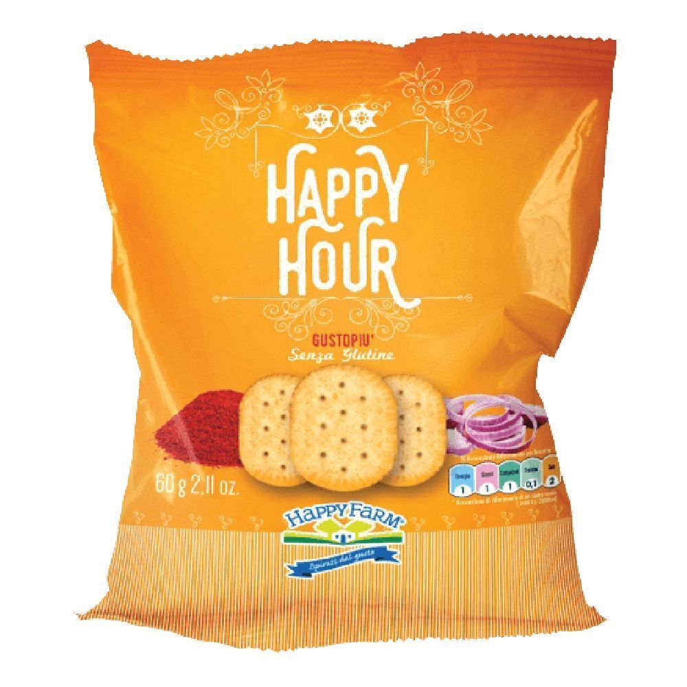 Confezione "Happy Hour Gusto Piu'", tre cracker, polvere rossa e cipolle. Senza glutine.
