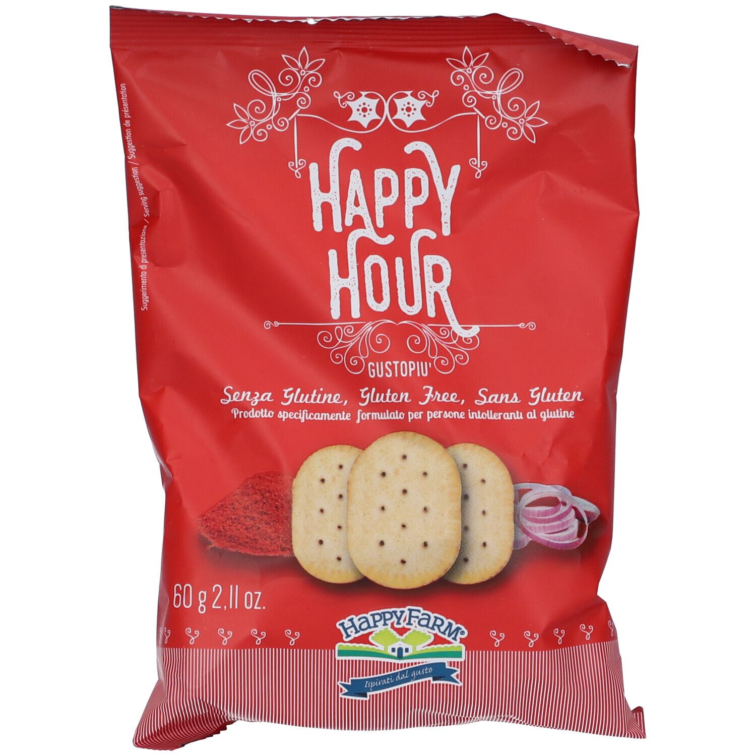 Confezione rossa "Happy Hour Gusto Piu'", tre cracker, polvere rossa e cipolle. Senza glutine.