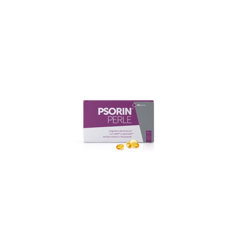 Scatola con capsule. Scritta: PSORIN PERLE. Alcune capsule sono accanto.