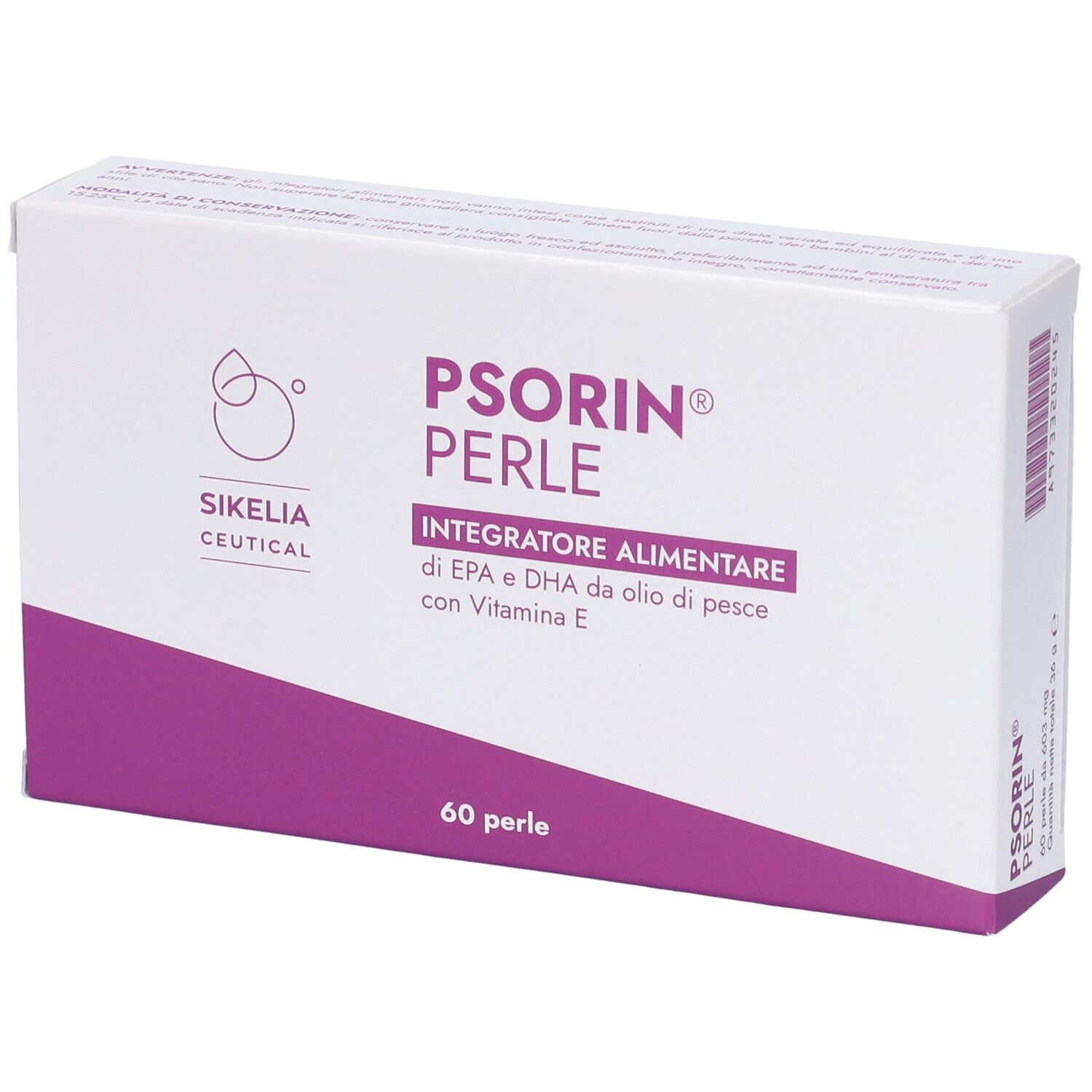 Scatola bianca con accento viola. Scritta: PSORIN PERLE. 60 perle.