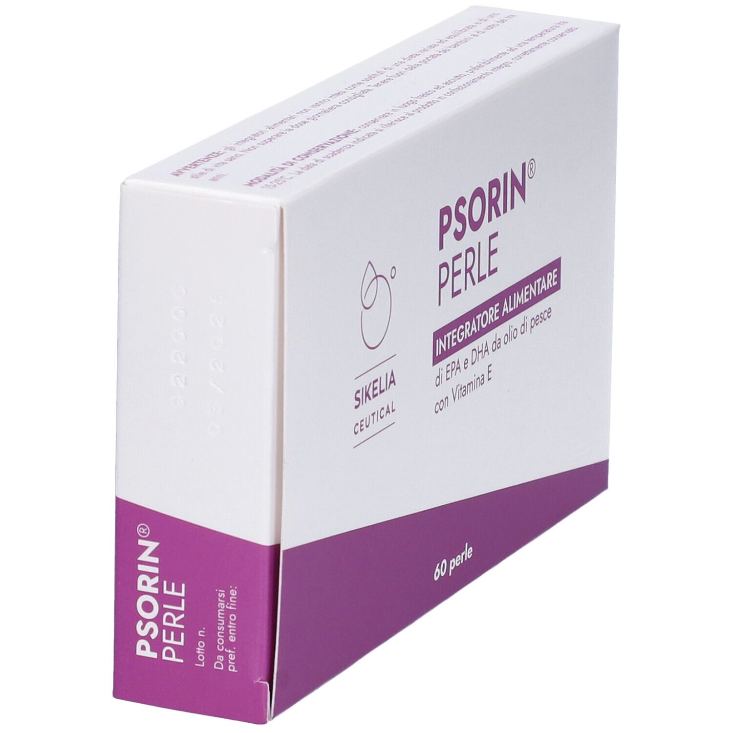 Scatola, in diagonale. Scritta: PSORIN PERLE. 60 perle. Accento viola.