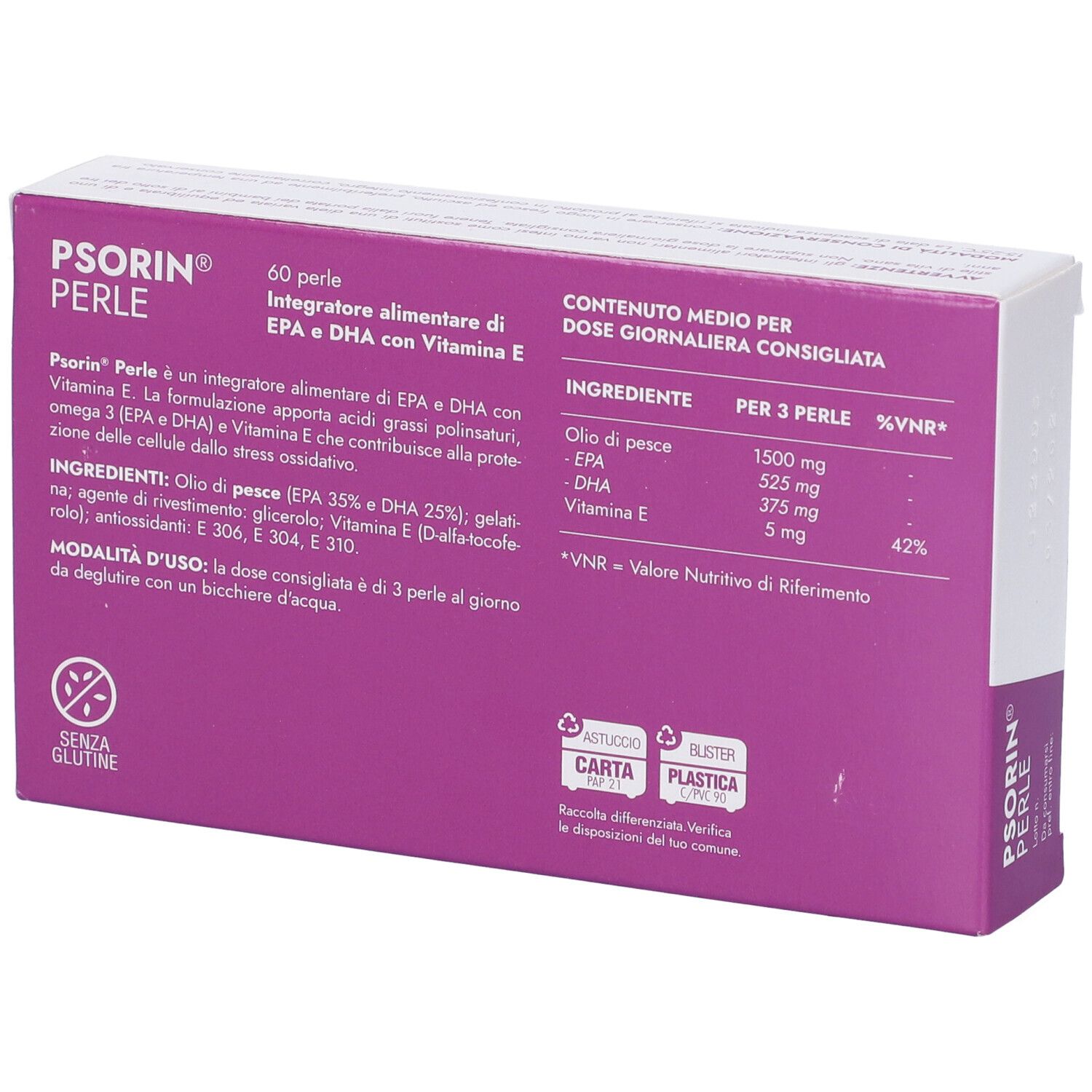 Retro della scatola. Scritta: PSORIN PERLE. Ingredienti, dosaggio.