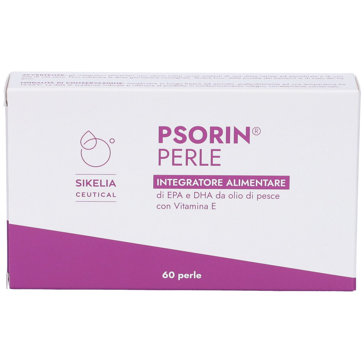 Scatola bianca con accento viola. Scritta: PSORIN PERLE. 60 perle.