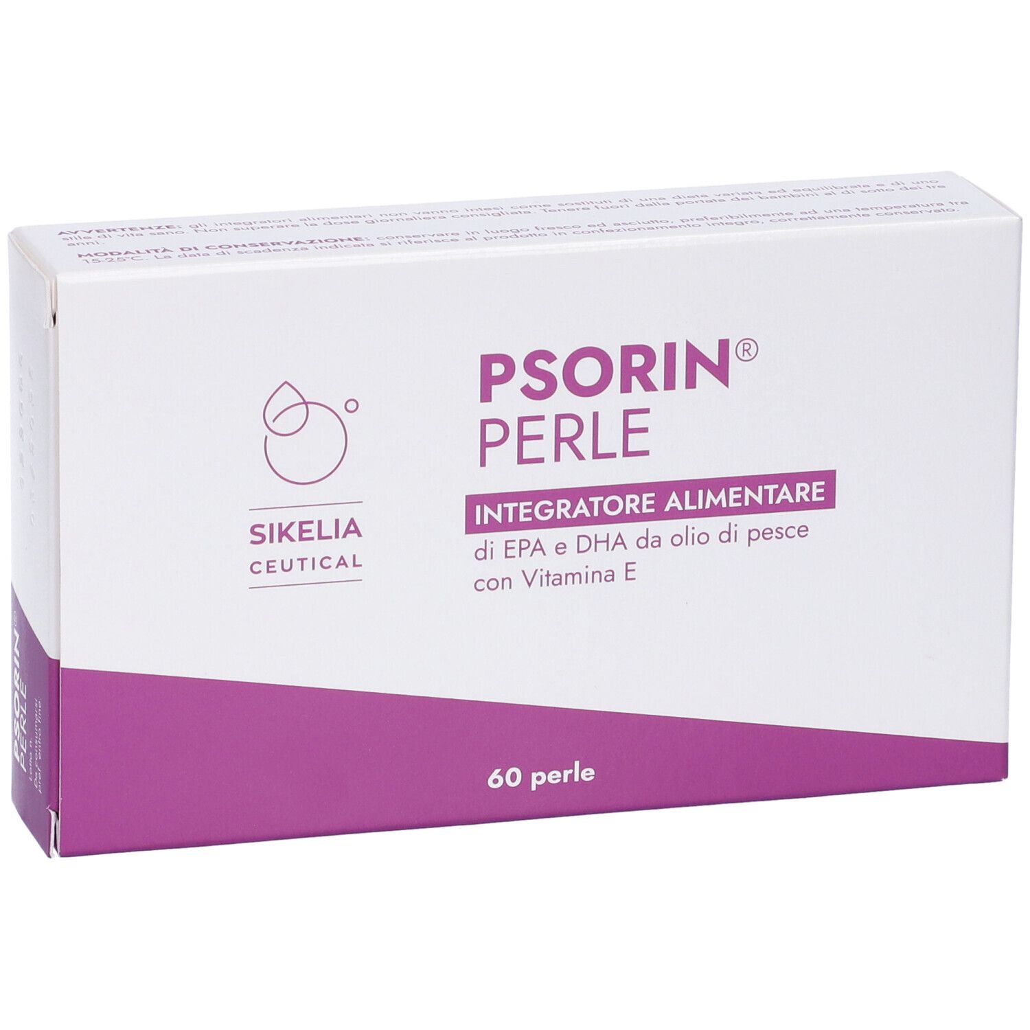 Scatola bianca con accento viola. Scritta: PSORIN PERLE. 60 perle.