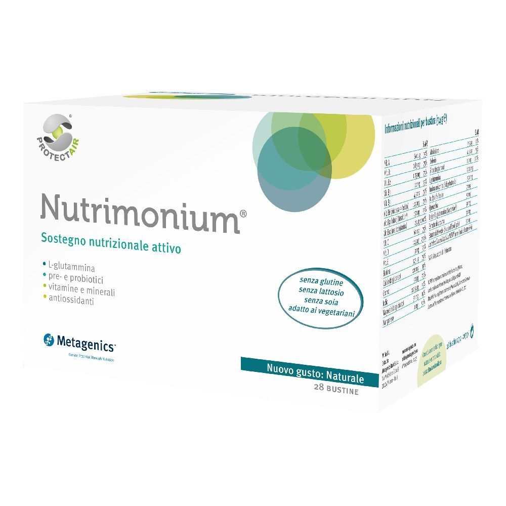 Scatola bianca Nutrimonium. Contiene 28 bustine. Contiene L-glutammina, pre- e probiotici, vitamine e minerali. Gusto naturale.