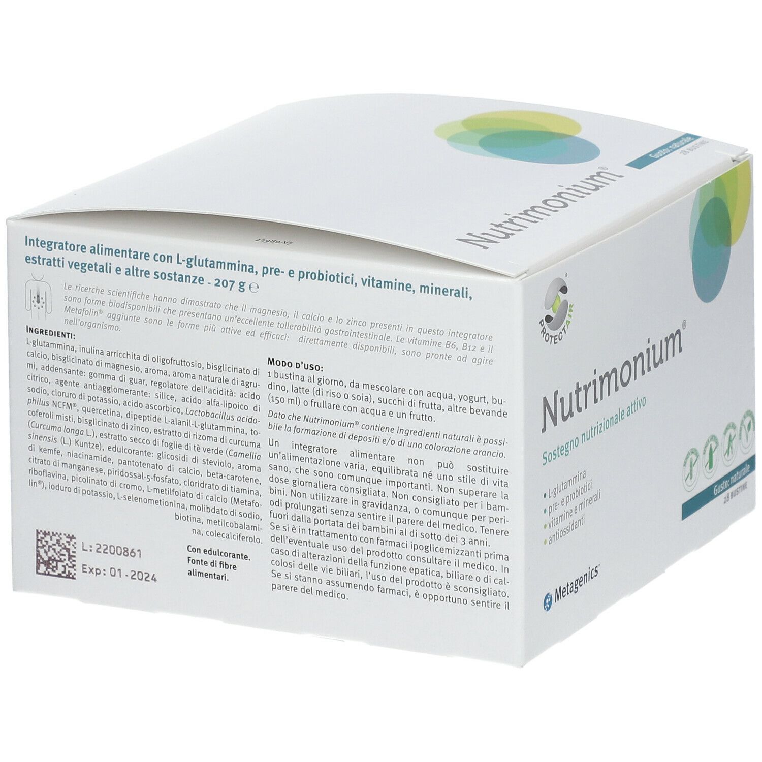 Scatola bianca Nutrimonium. Contiene 28 bustine. Contiene L-glutammina, pre- e probiotici, vitamine e minerali. Gusto naturale.