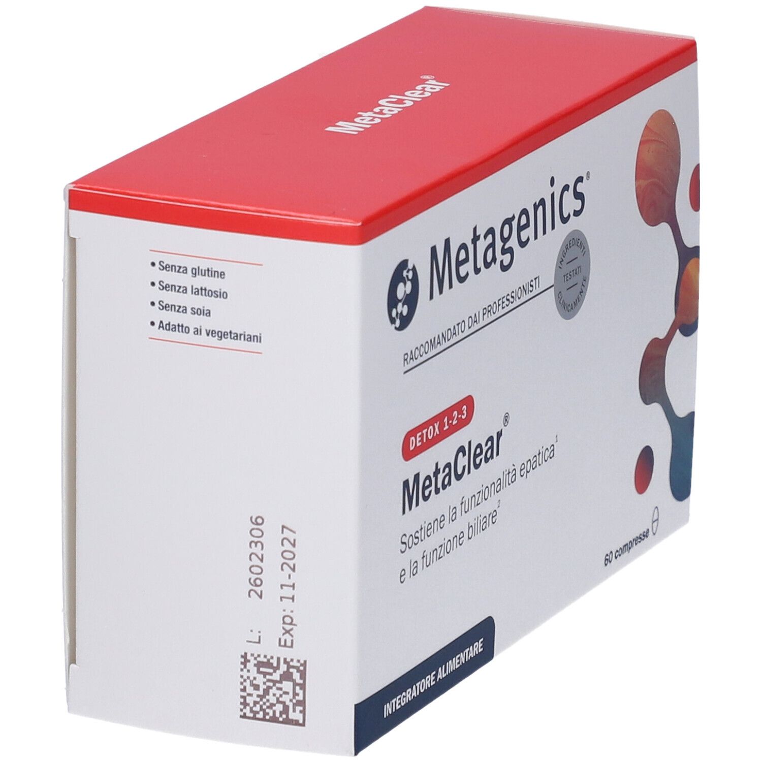 Metagenics MetaClear Kartonverpackung, Rückseite mit Informationen zu Inhaltsstoffen und Chargennummer.