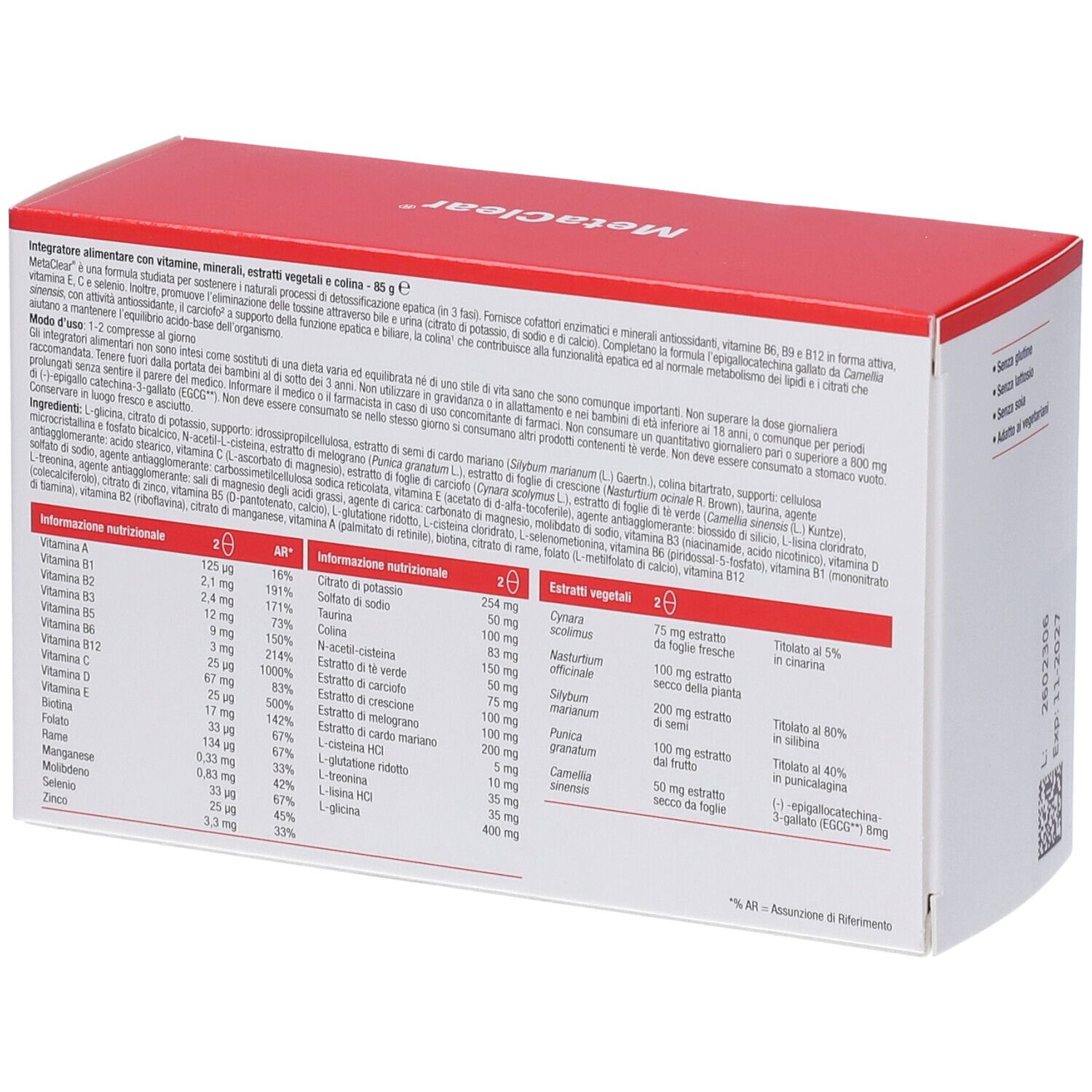Metagenics MetaClear Kartonverpackung, Seitenansicht mit detaillierten Nährwert- und Pflanzenextrakttabellen.