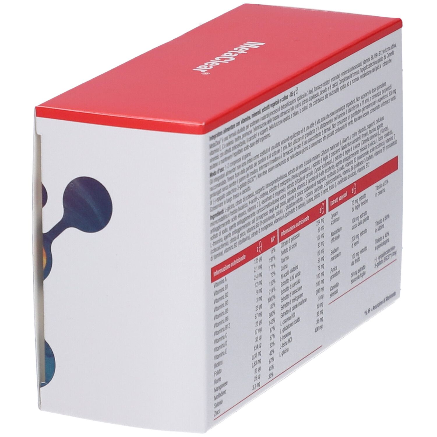 Metagenics MetaClear Kartonverpackung, Seitenansicht mit Nährwertangaben und Inhaltsstoffen.