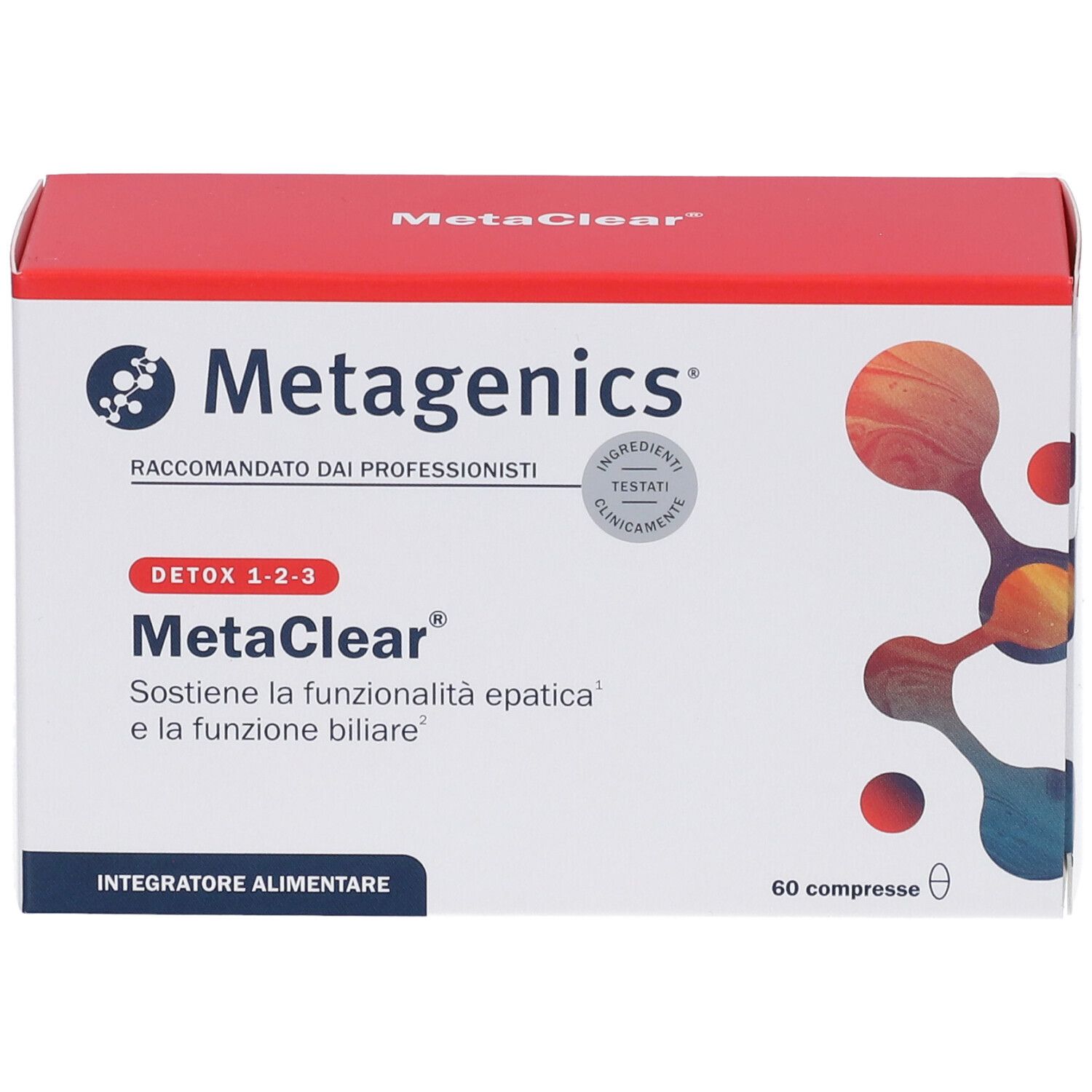 Metagenics MetaClear Kartonverpackung, Vorderseite mit Logo, Produktname und Informationen zur Leberfunktion.