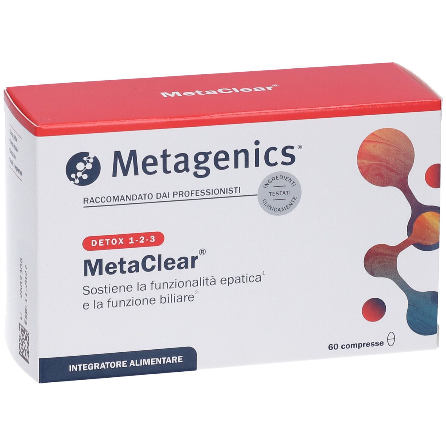 Metagenics MetaClear Kartonverpackung, Vorderseite mit Logo, Produktname und Informationen zur Leberfunktion.