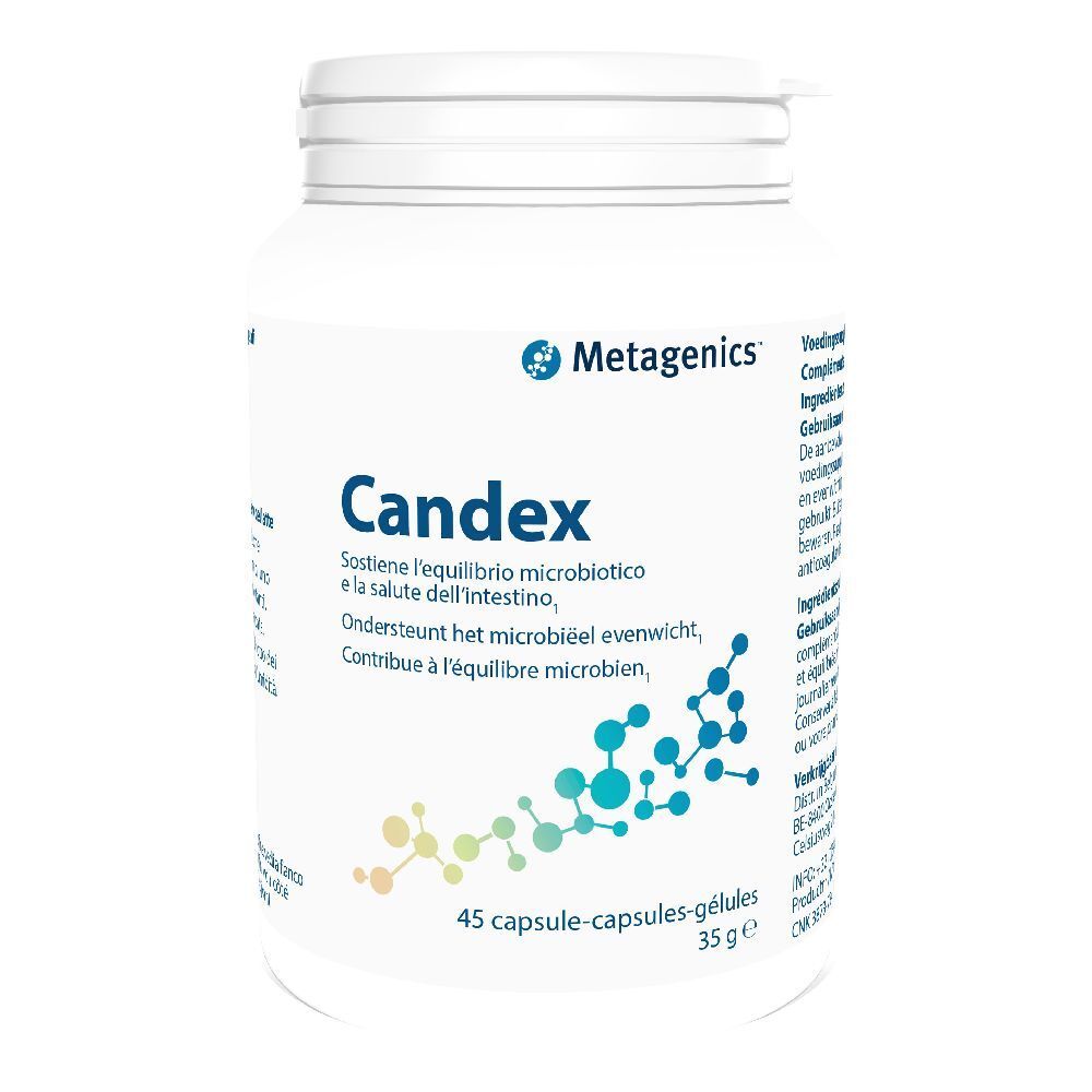 Flacone bianco Metagenics Candex. 45 capsule. Scritte multilingue.