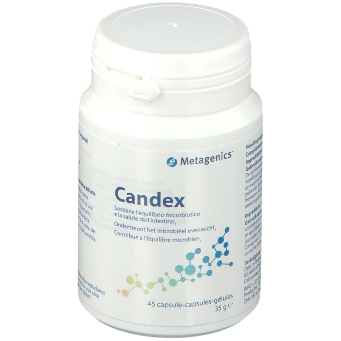 Flacone bianco Metagenics Candex. 45 capsule. Scritte multilingue.