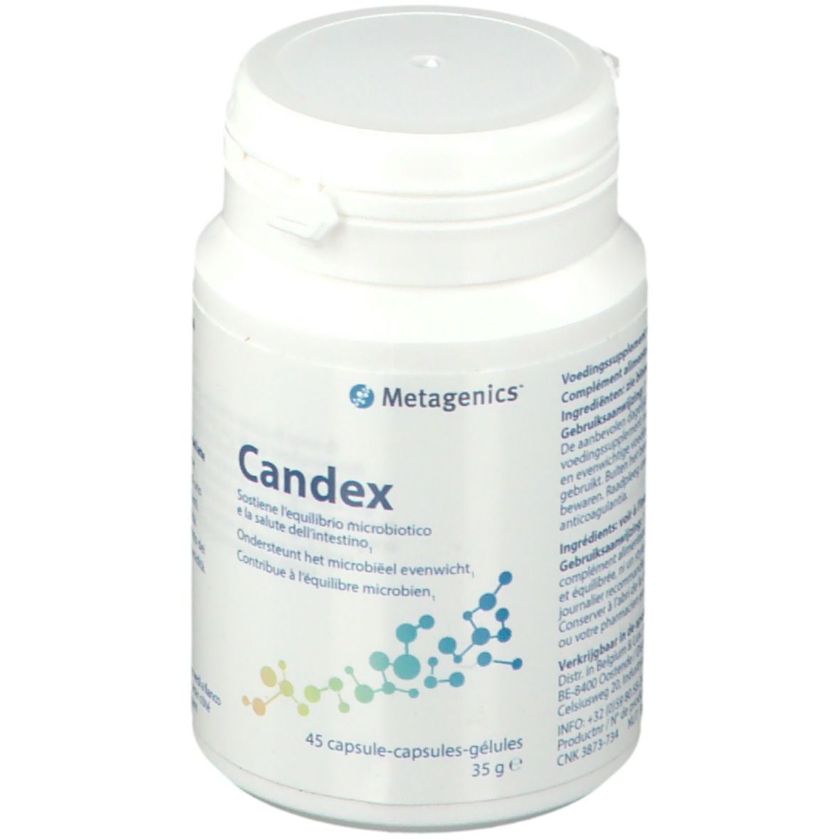 Flacone bianco Metagenics Candex. 45 capsule. Scritte multilingue.