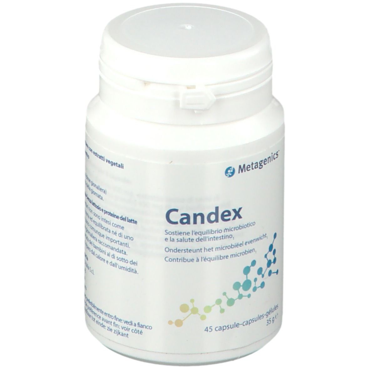 Flacone bianco Metagenics Candex. 45 capsule. Scritte multilingue.