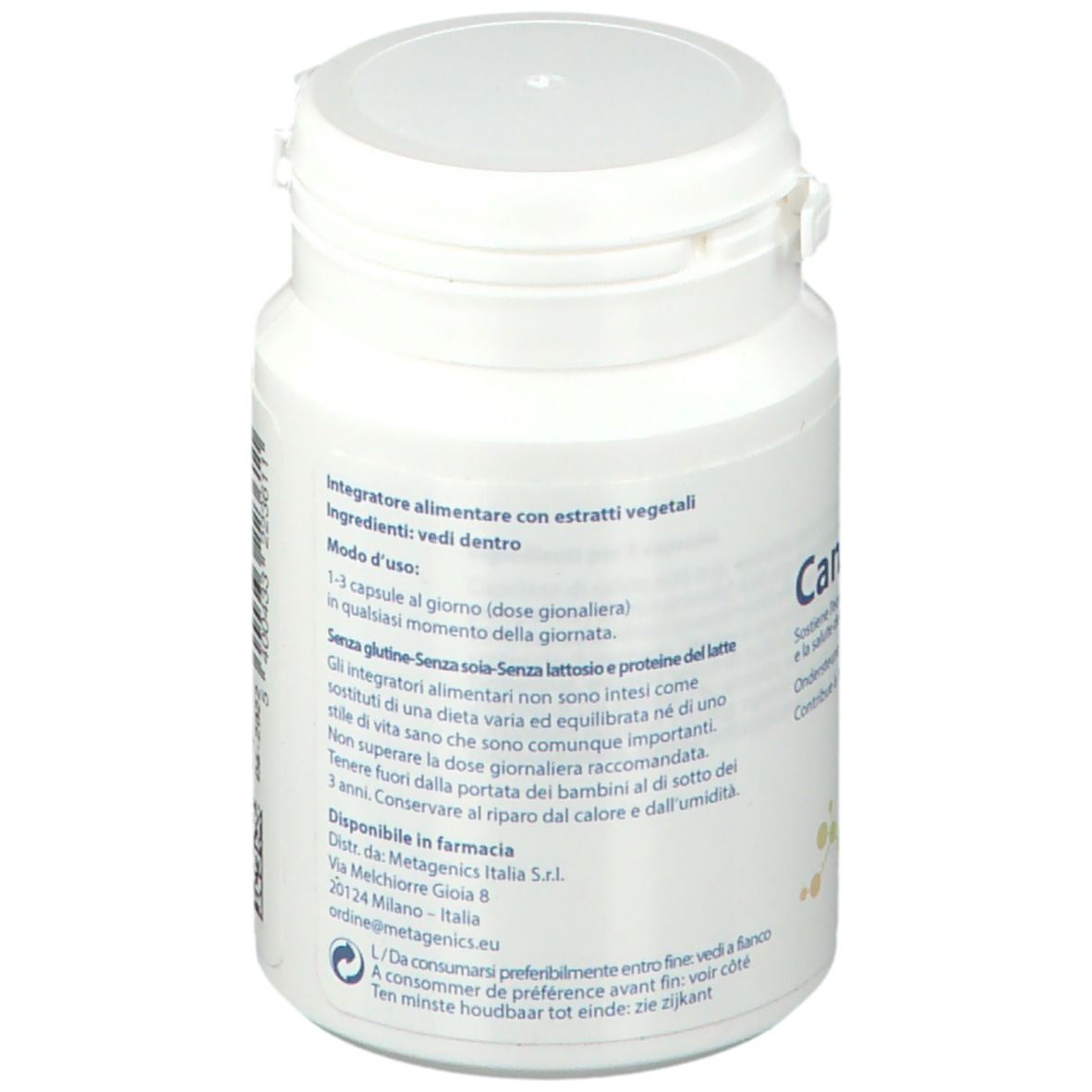 Retro del flacone bianco Metagenics Candex. Testo multilingue.