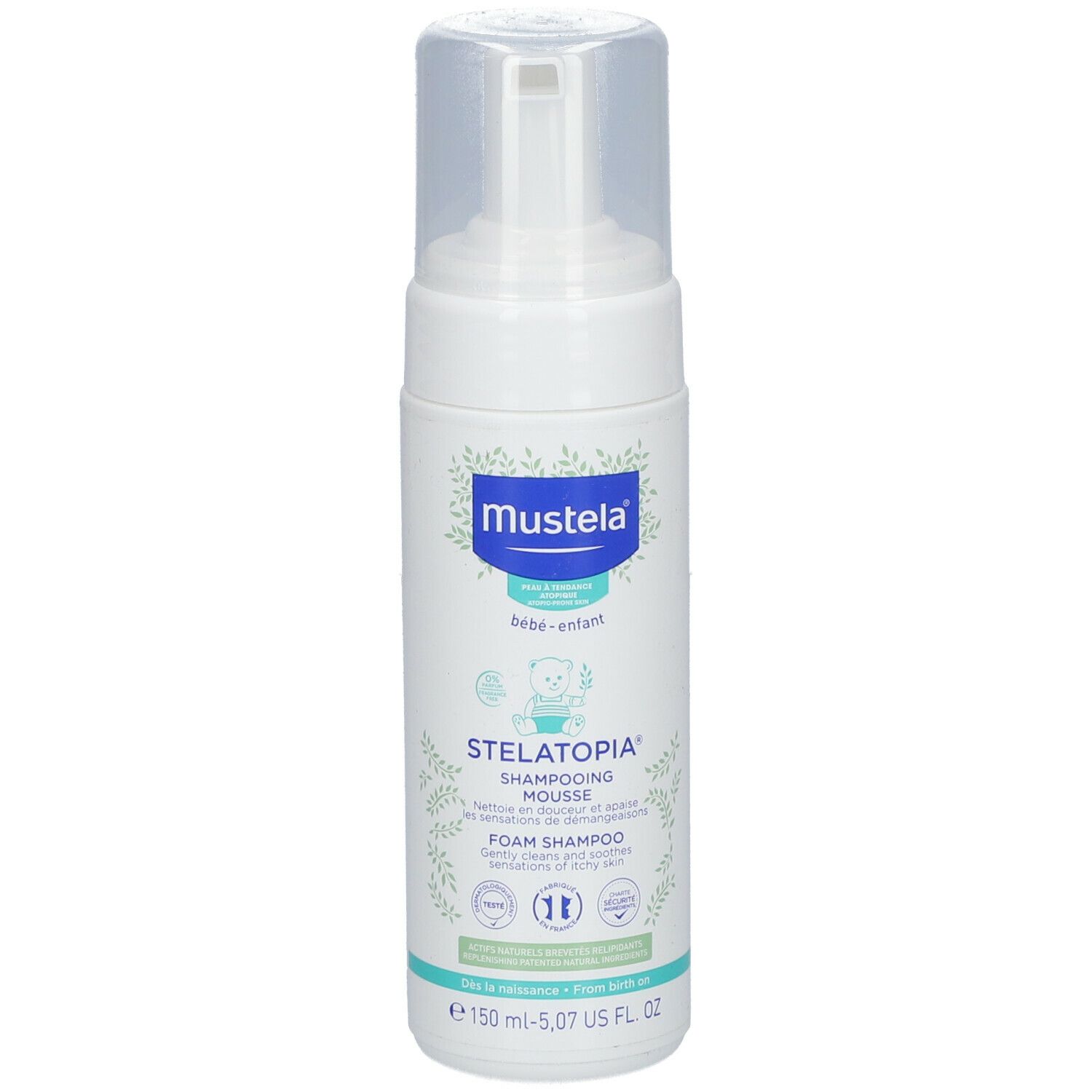 Flacone bianco con etichetta blu. Scritta: Mustela Stelatopia Shampooing Mousse. Con dosatore.