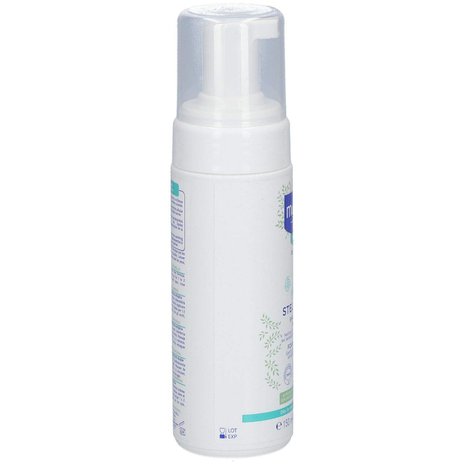Flacone bianco con etichetta blu. Scritta: Mustela Stelatopia Shampooing Mousse. Con dosatore.