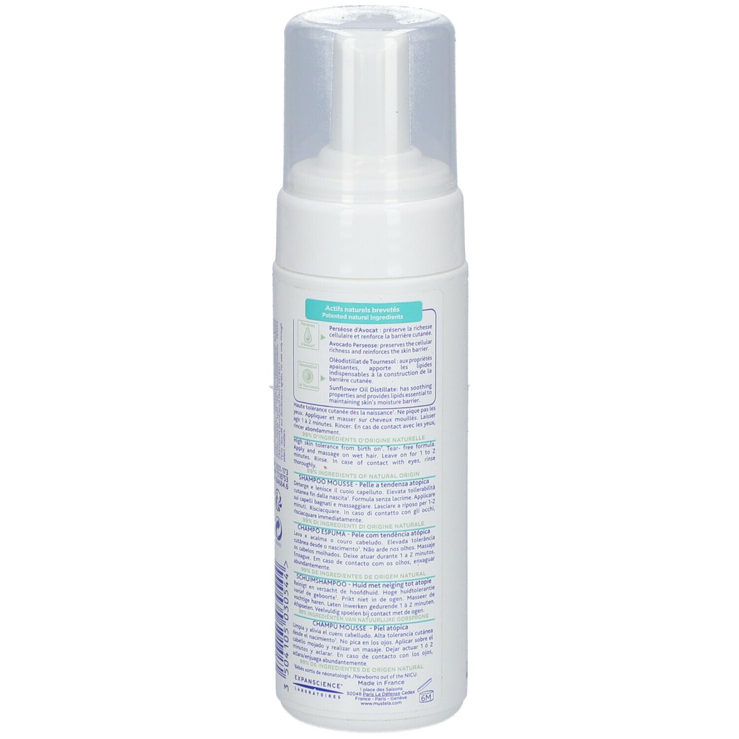 Flacone bianco con etichetta blu. Scritta: Mustela Stelatopia Shampooing Mousse. Con dosatore.
