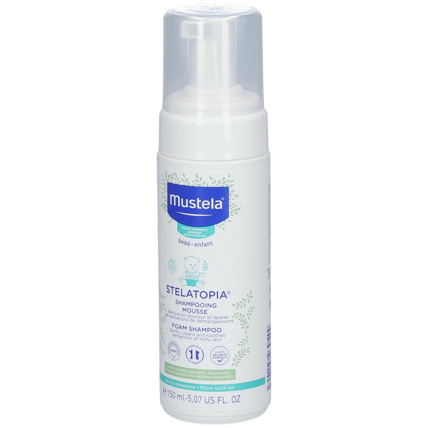 Flacone bianco con etichetta blu. Scritta: Mustela Stelatopia Shampooing Mousse. Con dosatore.