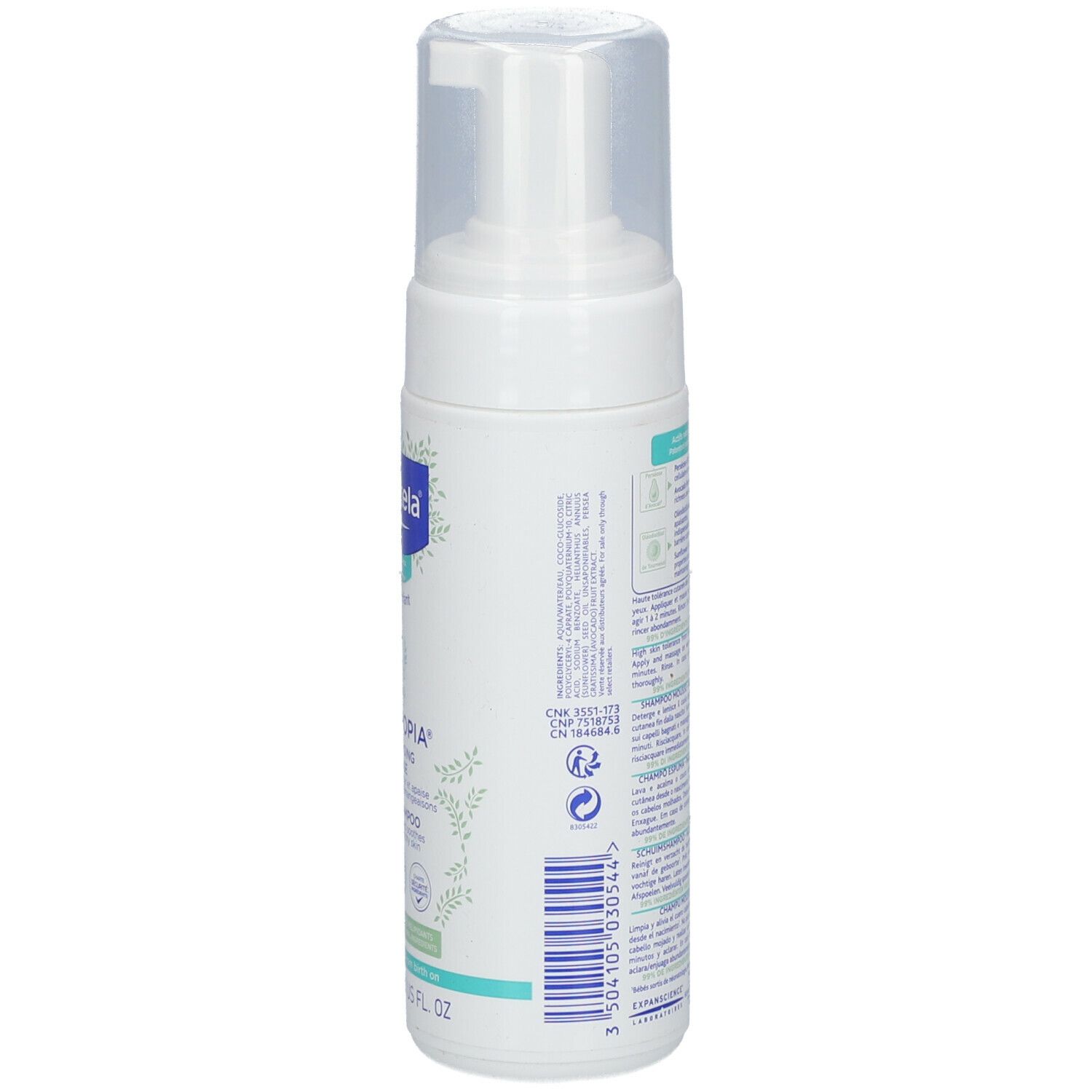 Flacone bianco con etichetta blu. Scritta: Mustela Stelatopia Shampooing Mousse. Con dosatore.