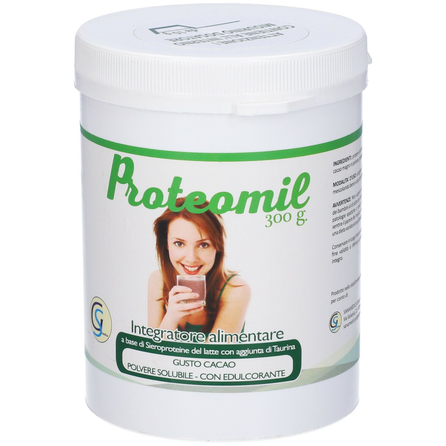 Barattolo bianco Proteomil Gusto Ciocc 300g. Scritta verde e bianca. Donna con bevanda. Integratore alimentare.